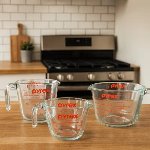 NEW Vintage Pyrex 3-Piece Glass Measuring Cup Set Red Logo 1 2 4 Cup USA NOS