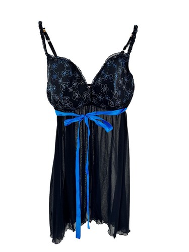 CACIQUE Black Blue Lace Semi Sheer Babydoll Lingerie Slip Underwired Size 22/24