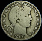 1901-O BARBER SILVER HALF DOLLAR. GRADES AT G+, ORIGINAL SURFACES, NO PROBLEMS