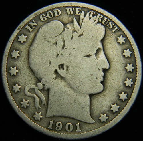 1901-O BARBER SILVER HALF DOLLAR. GRADES AT G+, ORIGINAL SURFACES, NO PROBLEMS