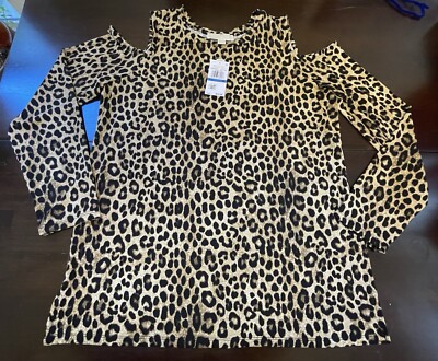 Michael Kors Womens XL Brown Cold Shoulder Cheetah Top Shirt NWT