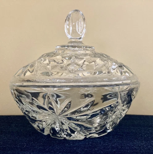 Vintage Prescut Glass Star & Fan Design Sugar Candy Bowl & Lid Anchor Hocking