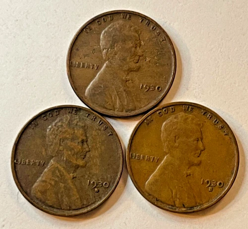 RARE 1930 P D S YEAR SET LINCOLN WHEAT CENT SAN FRANCISCO HIGH GRADE VF/VF+ #1