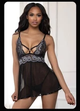 Seven 'til Midnight Babydoll Top Womens Large Black Lace Sheer Adjust Straps NWT