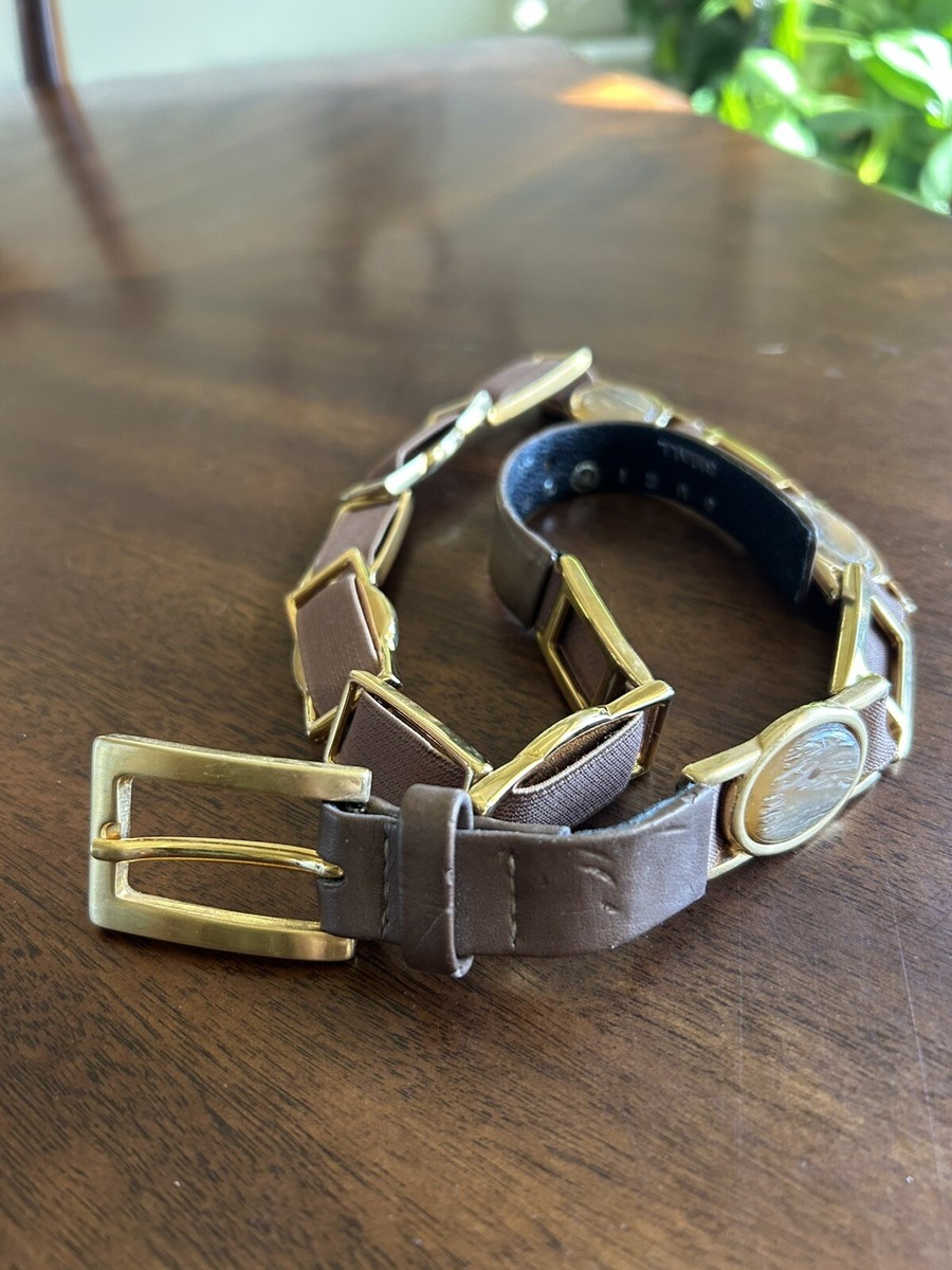 SUZI ROHER Gold Link Brown Leather Stretch Belt 26” Women