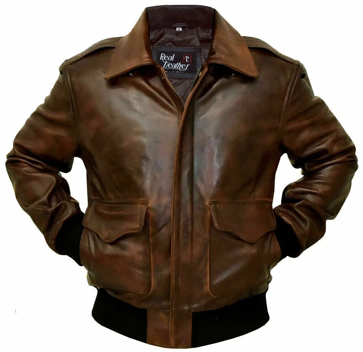 Men's A-2 G-1 Aviator Bomber Flight Navy Distressed Brown Lamb Leather Jacket