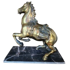 Vintage Brass Rearing Horse Statue on Black Marble Base MCM Equestrian Sculpture