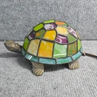 Vintage Tiffany Style Stained Glass Turtle Table Lamp Brass 8" Multicolor