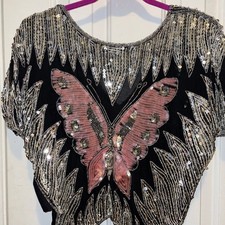 Vintage 1970s Disco Butterfly Sequin 100 Silk Top