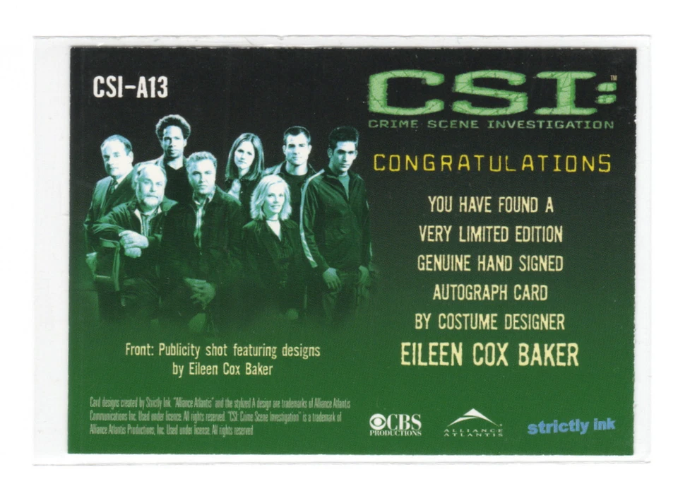 CSI Series 1 2003 Auto Autograph Card CSI-A13 Eileen Cox Baker Costume Designer - Image 2 of 4