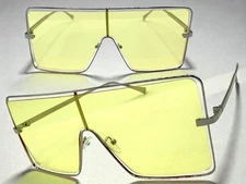 Oversized Modern Retro Shield Style SUNGLASSES Large Silver Frame Yellow Lens