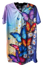 Women's 2XL Colorful Butterfly Daisy T-Shirt Dress Short Sleeve New