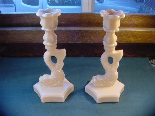 Vintage Westmoreland Pink Milk Glass Dolphin Pair of Candlesticks Estate Find G5