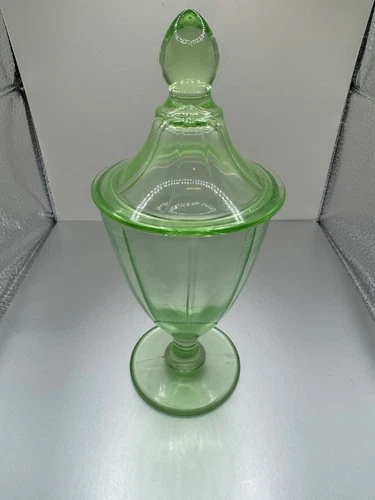 Green Depression Uranium Glass Apothecary Jar/Candy Dish With Lid 8”