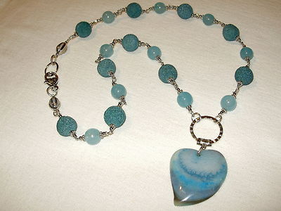 Collier Long En Jade, Agate Et Pierre De Lave Avec Pendentif Cœur | 88 Cm | Neuf