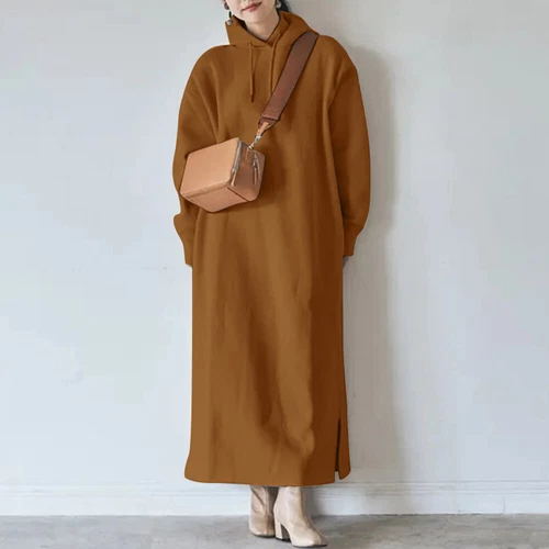 Damen Langarm Fleece Kapuze Locker Maxi Pullover Hoodies Sweatshirt Kleid - Bild 18 von 25