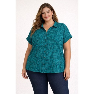 Apt 9 Erika Taylor 3XL Blue Plaid Button Up Shirt Cotton Blend Short Sleeve