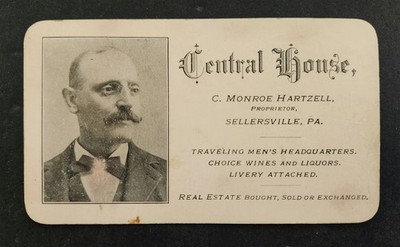 1880s antique CENTRAL HOUSE sellerville pa HARTZELL travel mens hqr win eliquors
