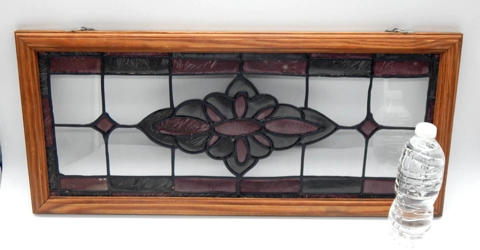VTG Stained Glass Transom 26" x 12" Window Wood Framed Hanging Panel W/Chain - Image 4 of 4