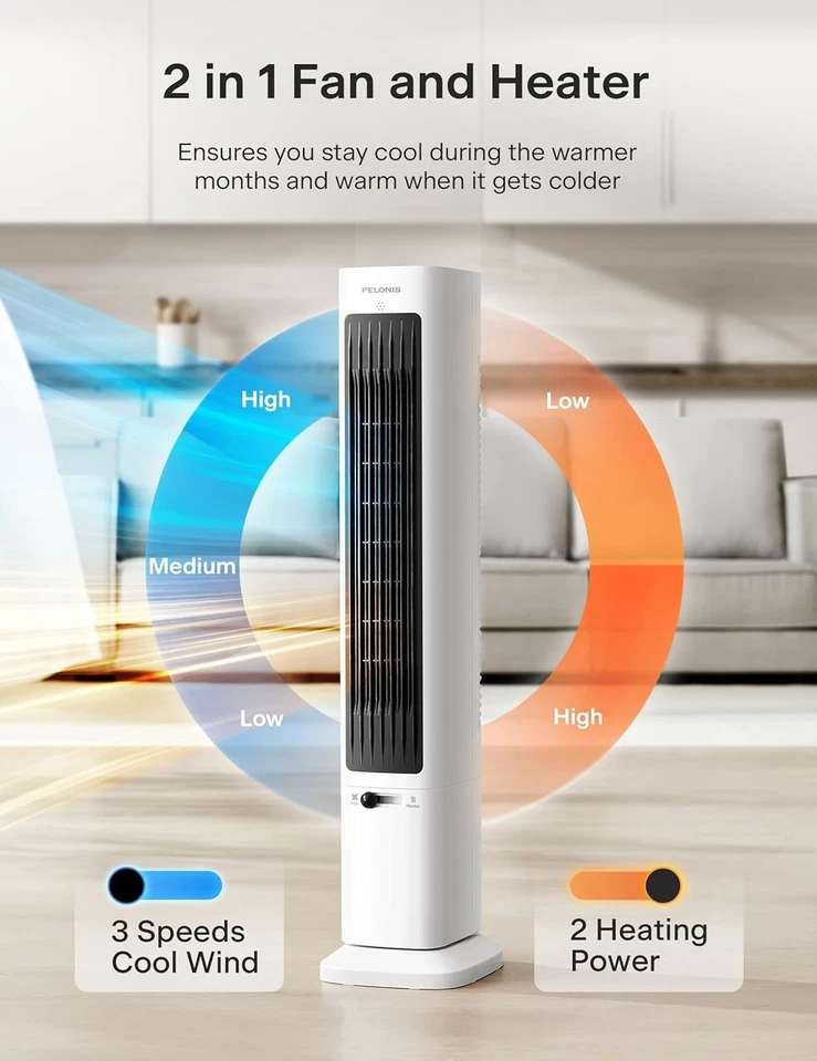 PELONIS Oscillating Tower Fan and Space Heater Combo with Remote Control Timer - Image 2 of 4