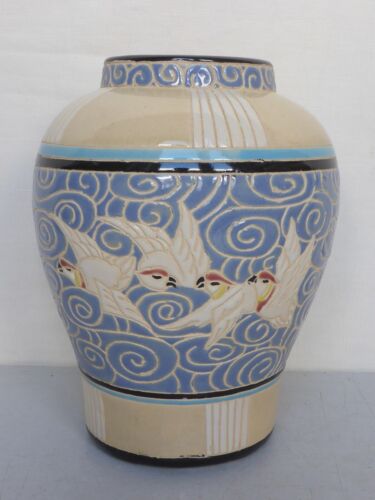 alte Vase mit Vögeln Keramik 21,0 cm hoch signiert M - Bild 1 von 10