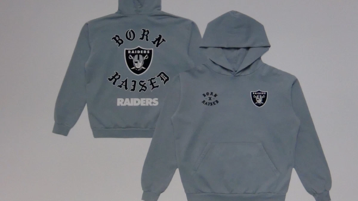 BORN X RAISED NFL RAIDERS UNISEX SILVER HOODIE FRONT POUCH IN STOCK