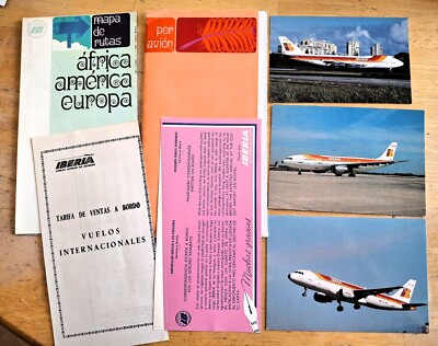 IBERIA Spain Flight Package, Route Map 3 Postcards Brochures 747 A300 A320