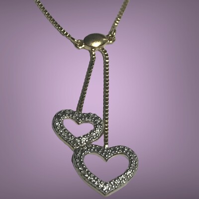 SIGNED DL GOLDEN TONE STERLING SILVER Two Tone Dangle HEART NECKLACE 18  Long
