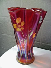 FENTON - S. WATERS (HP) RUBY RED STRETCH FLORAL HANDKERCHIEF VASE - STUNNING!!