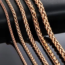 Braided Wheat Link 3-7mm Mens Chain Rose Gold Stainless Steel Necklace Gift