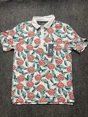 William Murray Golf Polo Small Tropical Mums Floral Hawaiian White Soft  $88