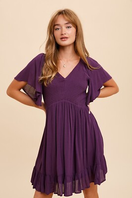 In Loom Smocked V-Neck Flutter Short Sleeve Mini Dress Women's