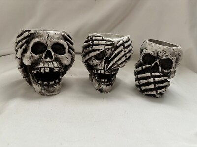 3 Skull Tea Light Votive Candle Holders  See, Hear, Speak No Evil Halloween Set