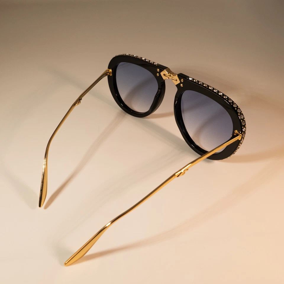 Gucci GG0307S 56mm Foldable Aviator Sunglasses in Black w.Crystals and Blue Lens - Image 2 of 4