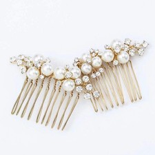 Gold Wedding Pearl Hair Comb Bride Crystal Hairpiece Bridal Rhinestone...