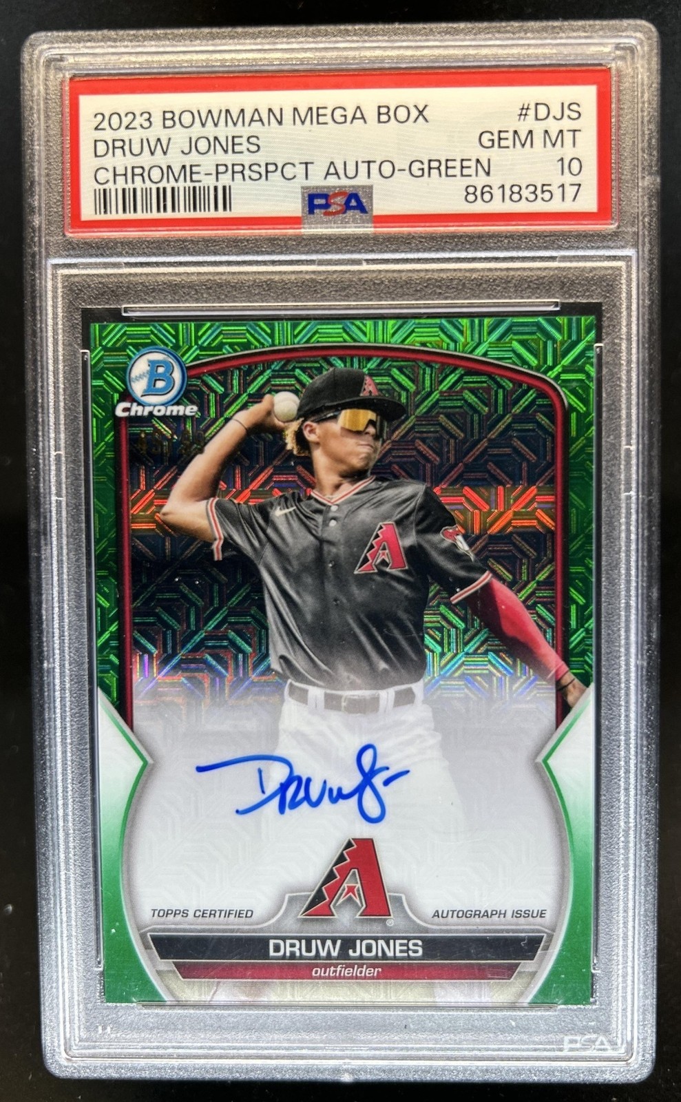 2023 Bowman Mega Box Druw Jones Chrome Prospects Auto Green Refractor /99 PSA 10 view 1