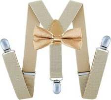 Men Elastic Suspenders and Bow Ties Set for Wedding Formal Events Champagne