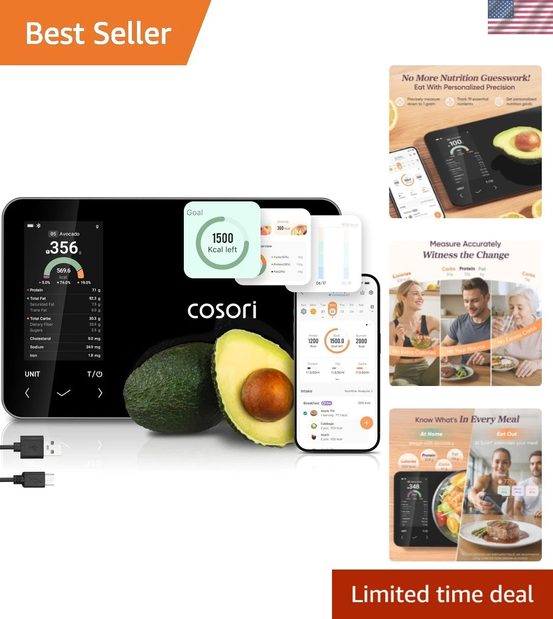 Smart Food Kitchen Scale with Nutritional Calculator, Free App for AI Scan, C...