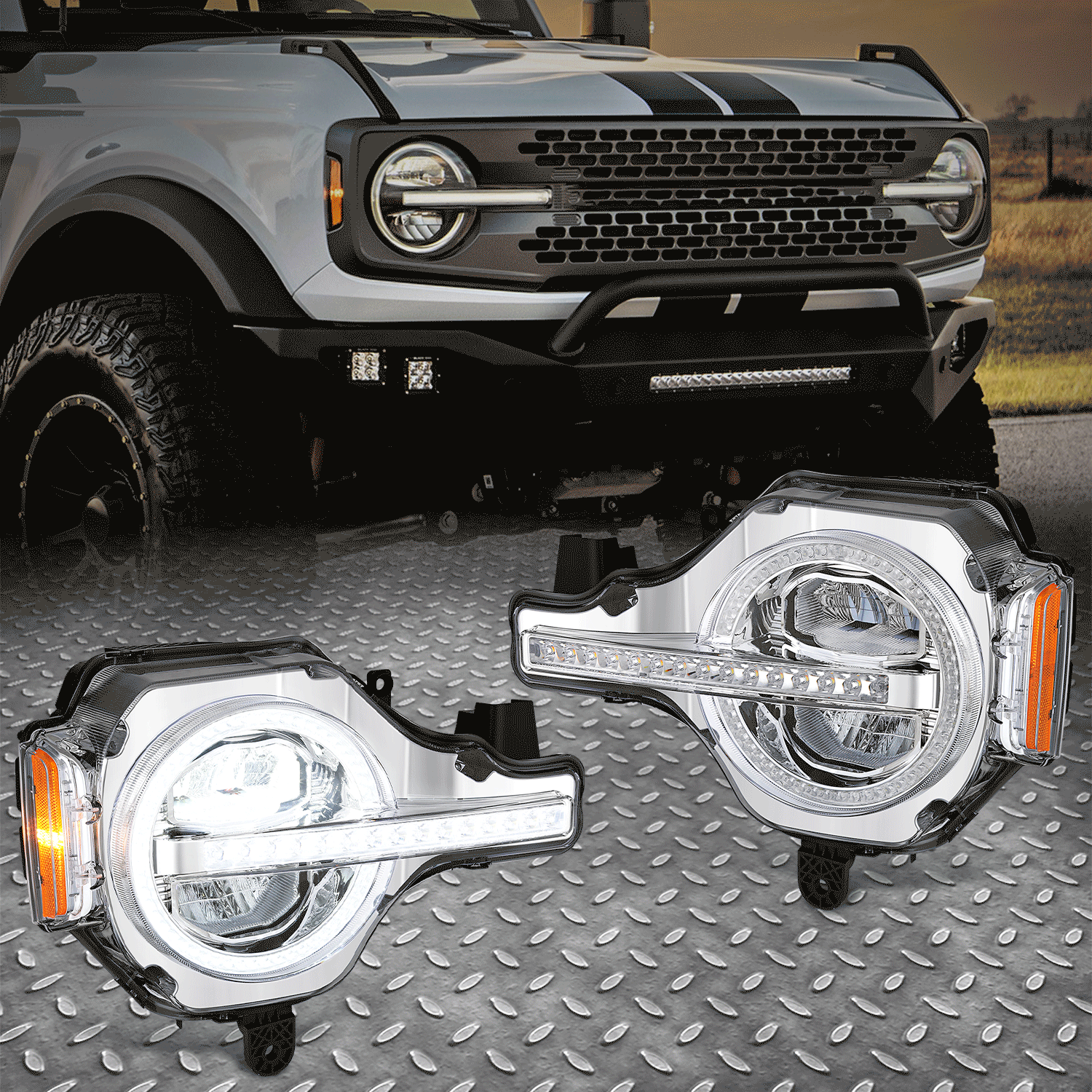 Chrome Start-up Sequential Switchback Full LED Headlights for 21-26 Ford Bronco
