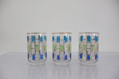 Libbey Nordic Blue Green Gold Geometric Tumbler Glasses Set of 3 Vintage MCM