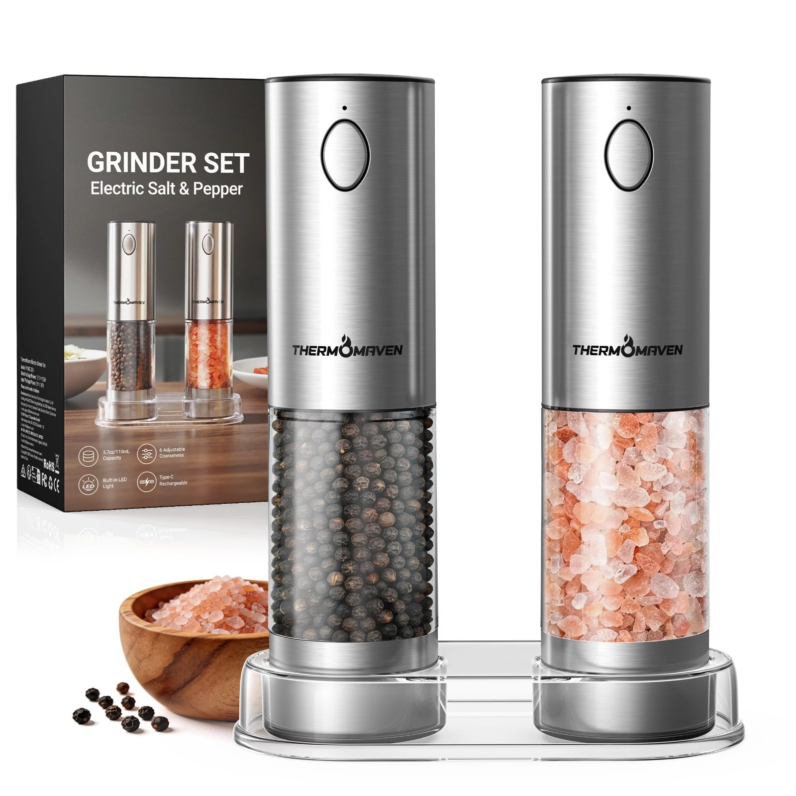 Upgraded Electric Salt and Pepper Grinder Set - 110ml Rechargeable Mill with LED