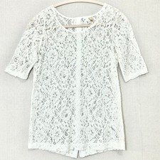 White Sheer Floral Lace Blouse Button Back Soft Feminine Top Womens Small