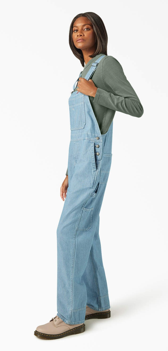Dickies Women's Bib Overalls Relaxed Fit Fisher Stripe Black