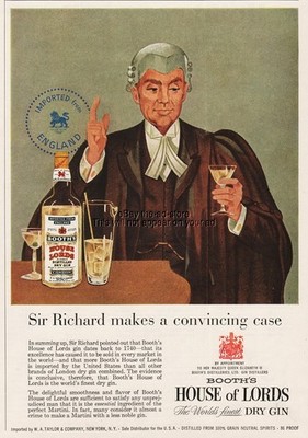 1956 Booth's House of Lords Dry Gin London Sir Richard Cocktail Martini Print Ad