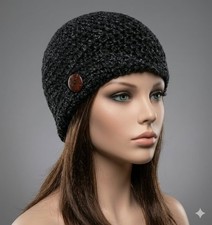 crochet handmade womans button hat cloche beanie charcoal black heather USA made