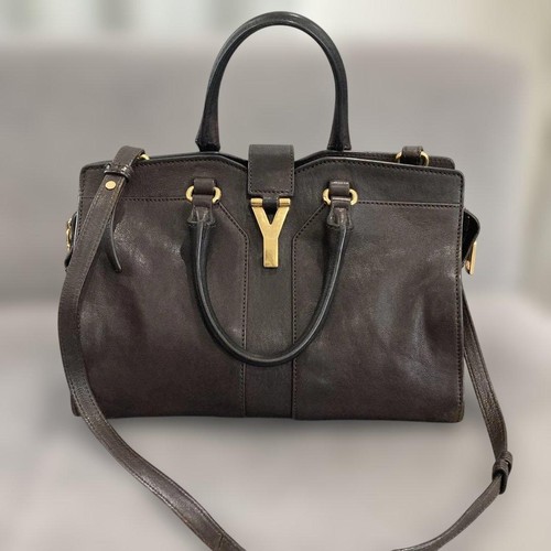Yves Saint Laurent Cabas Handbag Shoulder Brown Leather Y-Logo 2way Women's
