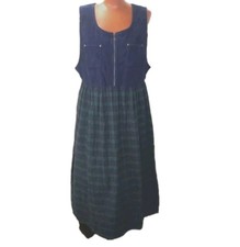 Vtg Lagenlook Jumper Maxi Dress Sz Large Blue Corduroy Black Watch Plaid Flannel