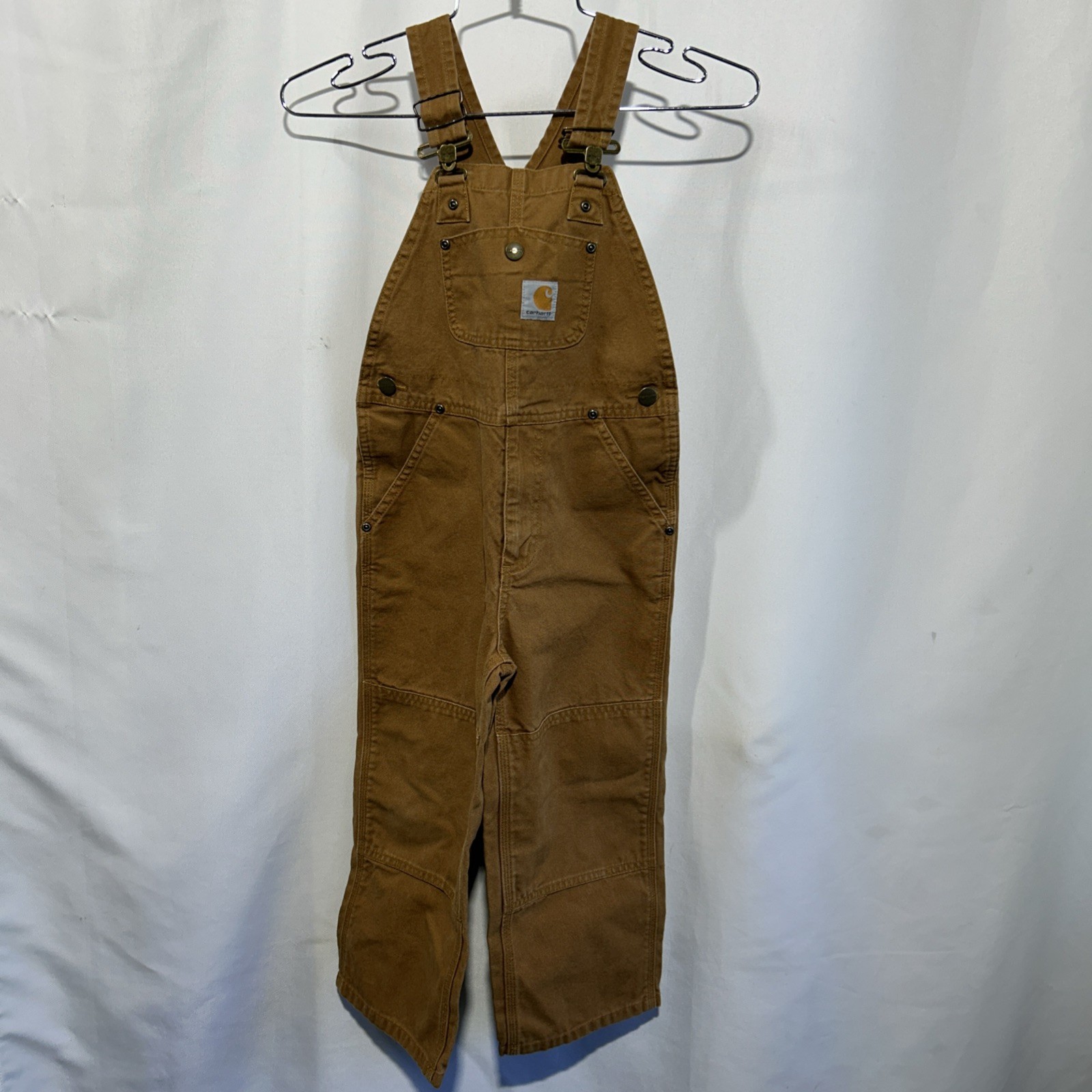 Carhartt Brown Duck Canvas Bib Overalls Double Knee Workwear Kids Boys Size 5