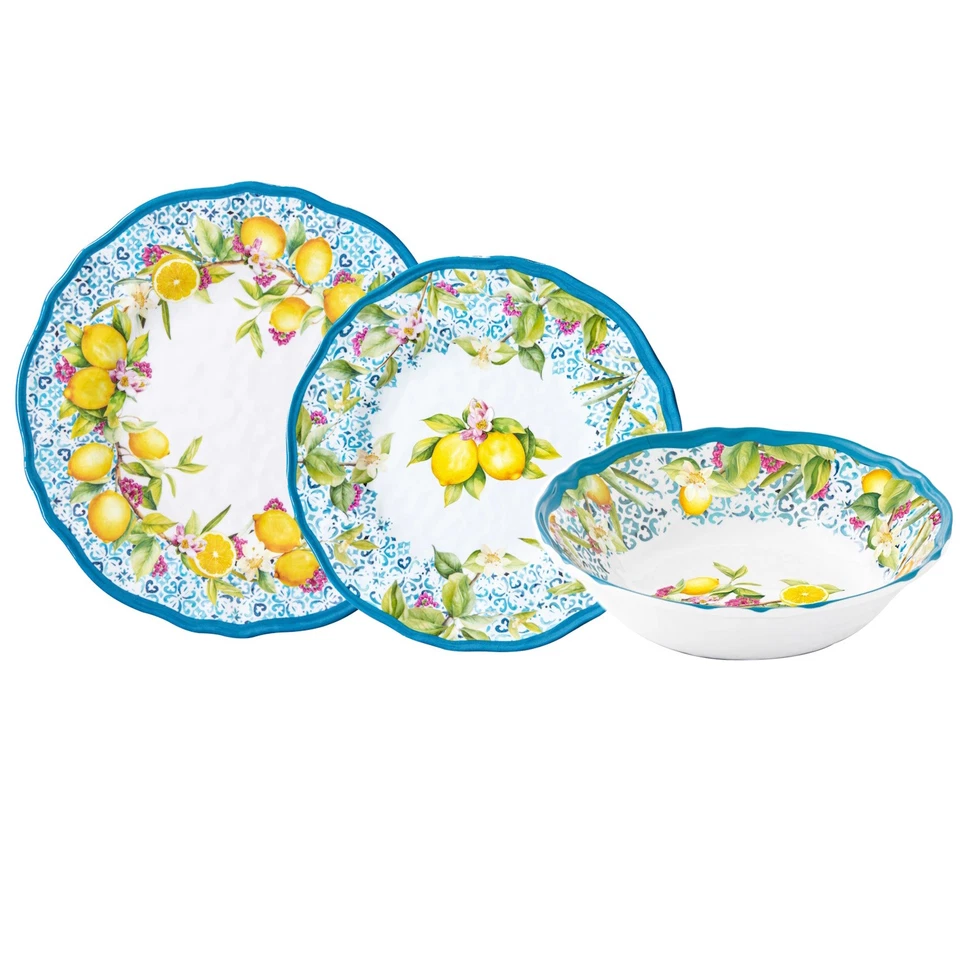 18 tlg. Tellerset ISCHIA Zitronen weiß blau gelb aus Melamin Camping Easy Life
