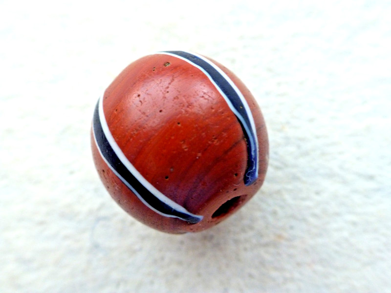 ANTIQUE   RARE LARGE BRICK RED  TRADE BEAD  BLUE  & WHITE STRIPES